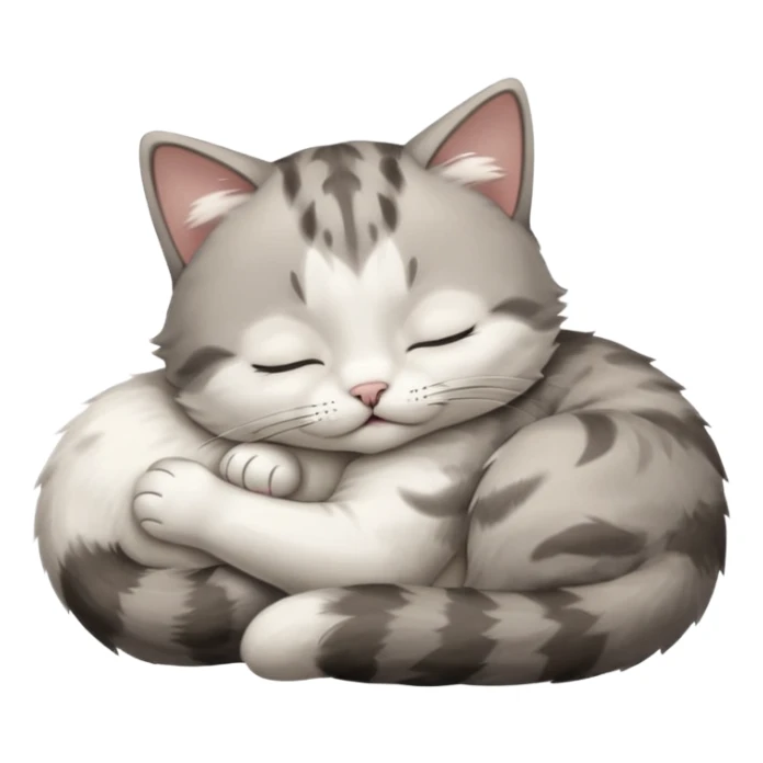 grey and white small cat with its eyes closed lying down with its paw curled and holding up his head sticker