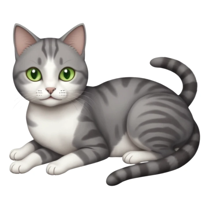 full body tiny short hair dark grey and white cat with white front legs and green eyes lying down sticker