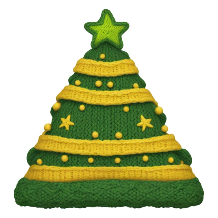 A knit hat like a Christmas tree，The bottom is wide enough for people to wear and has a yellow pentacle on top. The hat is divided into three parts horizontally by blue thread, and the whole hat has several small yellow, yellow and white wool balls. sticker