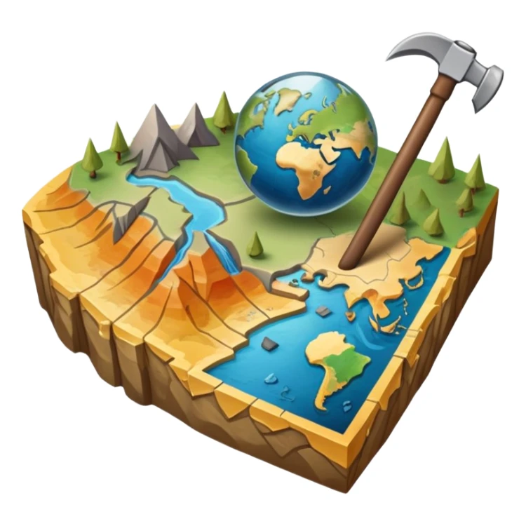 An icon featuring a pickaxe and a geological map, and layers of Earth’s crust, symbolizing geology. The design includes mineral samples, fossils, and tectonic plates, representing the study of Earth’s structure and natural processes. Transparent background highlights geological exploration sticker