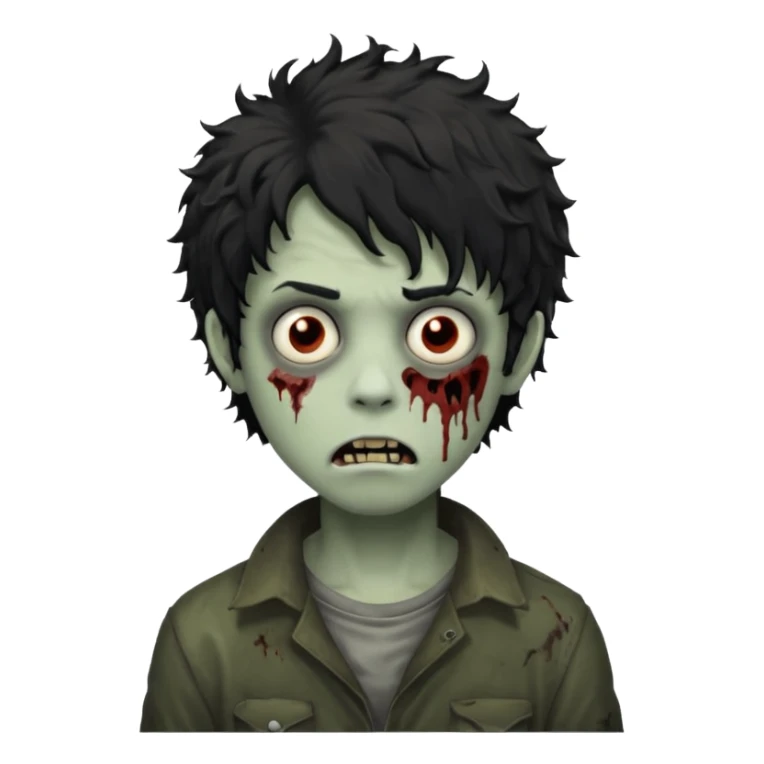 Boy, zombie, black and curly hair, medium long, emo, shaggy, dark, spooky, creepy expression sticker