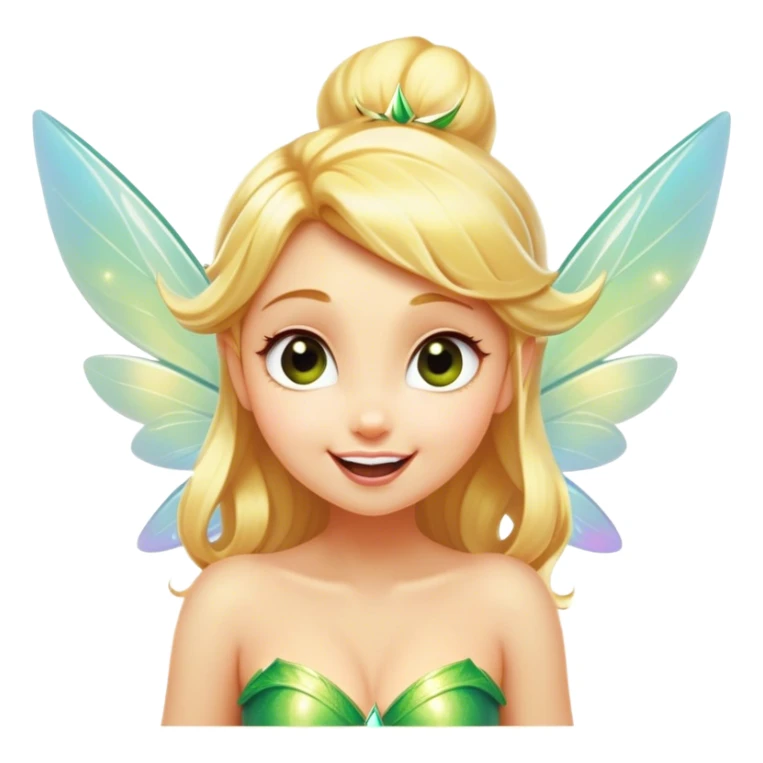 Cinematic Realistic Blonde Tinker Bell Fairy Portrait, head tilted dramatically with an exaggeratedly amused expression, featuring a striking, lively pixie form with radiant golden blonde hair and luminous, iridescent wings dusted with playful sparkles. Her expressive eyes brim with cheeky mischief, rendered with vibrant, lifelike textures and dynamic natural lighting that imbues the scene with an air of magical whimsy and over‐the‐top fairy fun. sticker