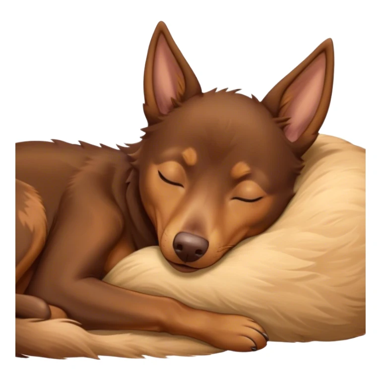 Meme-Worthy Cute Sleeping Brown and Tan Kelpie Portrait Emoji, Head resting peacefully with a contented smile, showcasing a delightfully agile build and a luxuriously soft brown and tan Fur, eyes shut in a serene nap, Simplified yet hilariously adorable features, highly detailed, glowing with a soft, drowsy light, high shine, relaxed and utterly lovable, stylized with an air of playful laziness, bright and heartwarming, soft glowing outline, capturing the essence of a comically sleepy herder, so meme-worthy it feels like it could instantly become the next viral sensation of adorable slumber! sticker