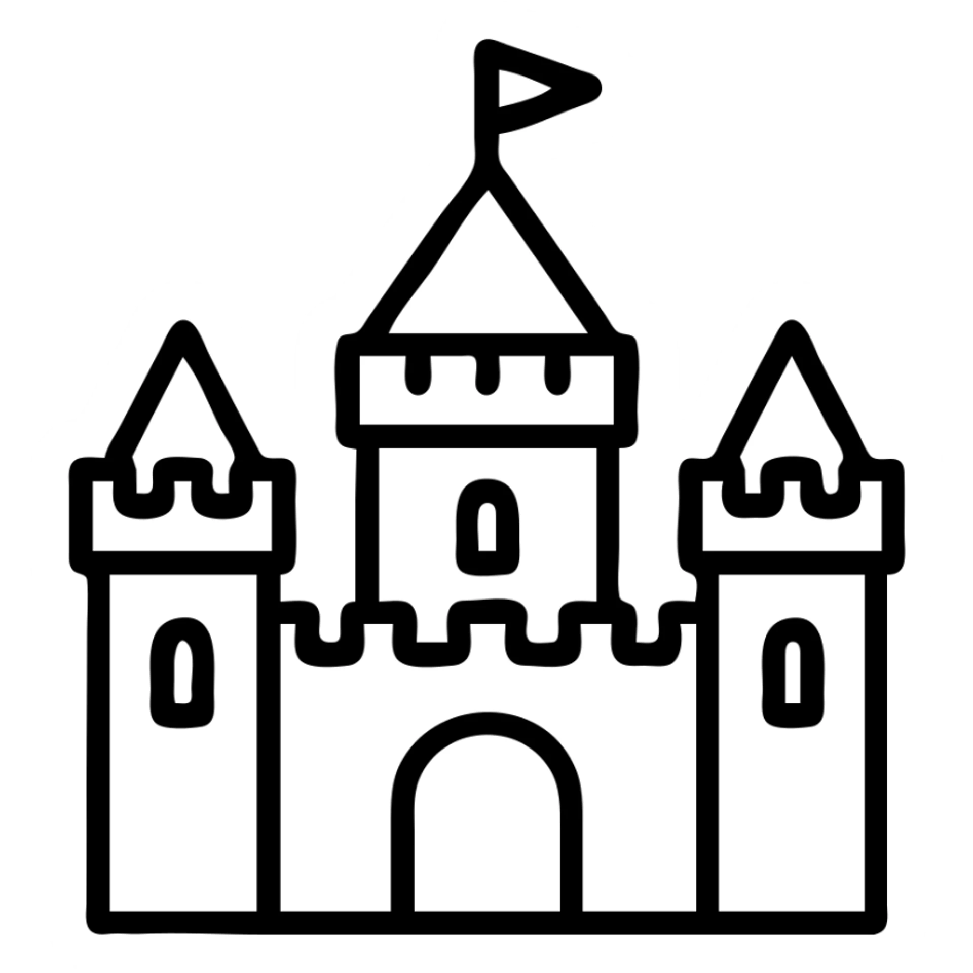 Camelot castle icon for a map, simple silhouette, recognizable towers, minimal detail, clear outline, suitable for small size sticker