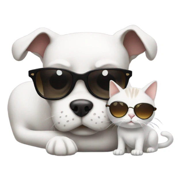 Dark dog wearing sandals biting white cat with sunglasses sticker