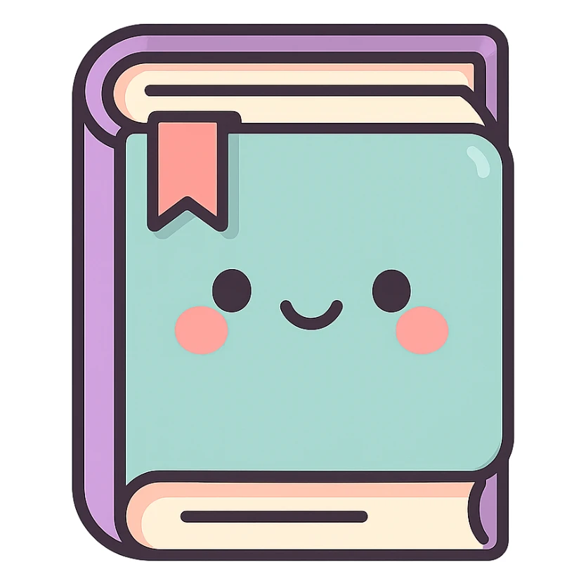 cute book, icon-color-outlined style, soft rounded shapes, thin clean outlines, detailed shadows and highlights, pastel palette #98B5BC, #B5B3C1, #C9A3C9, #E4C0CA, #F7DCD1, #F7C0AA, modern Japanese pop art and sticker aesthetic, soft lighting, transparent background sticker