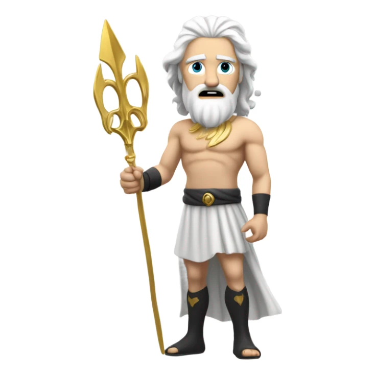 white man Poseidon with gold trident. long white hair white dress. black soot on face sticker