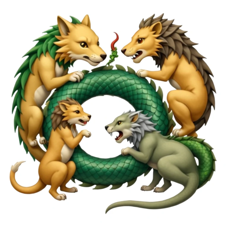 A wolf, a lion, a dragon, all eating each other's tail ouroboro sticker