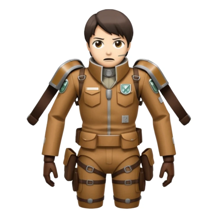 emoji-style illustration of Attack on Titan Survey Corps suit with flared collar, harnesses, minimalist maneuvering gear, muted browns blacks grays, determined facial expression, compact and stylized, clear at small size sticker