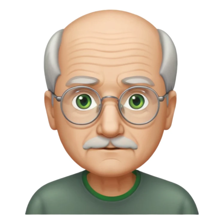 Old man with receding hair, grey hair only on the sides, green eyes, rectangular reading glasses, rounded face sticker