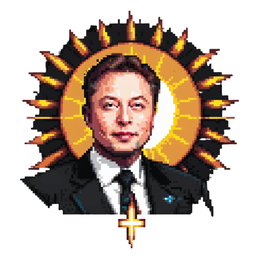 Elon Musk portrait with X symbol and sun rays sticker