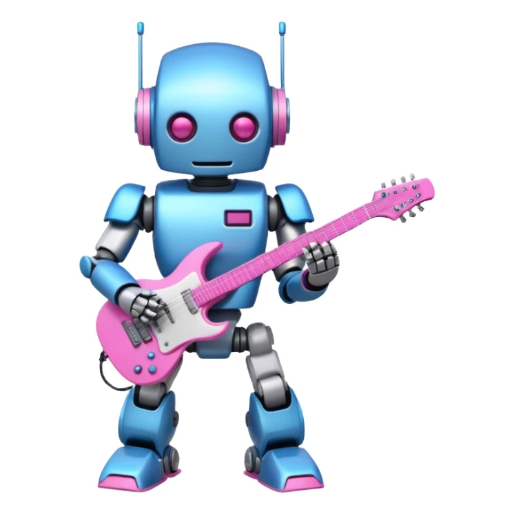 a cyper robot carry her note and electric guitar and try to change the world with pink and bluecolor sticker