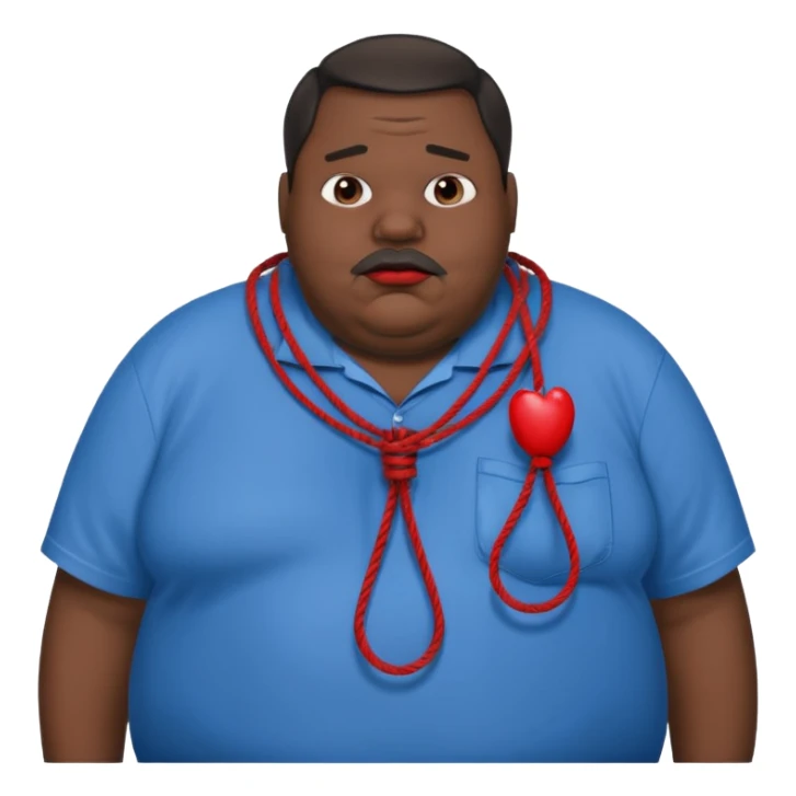 an extremely obese man with extremely dark skin and giant red lips wearing a blue-and-gray shirt and a noose around his neck sticker