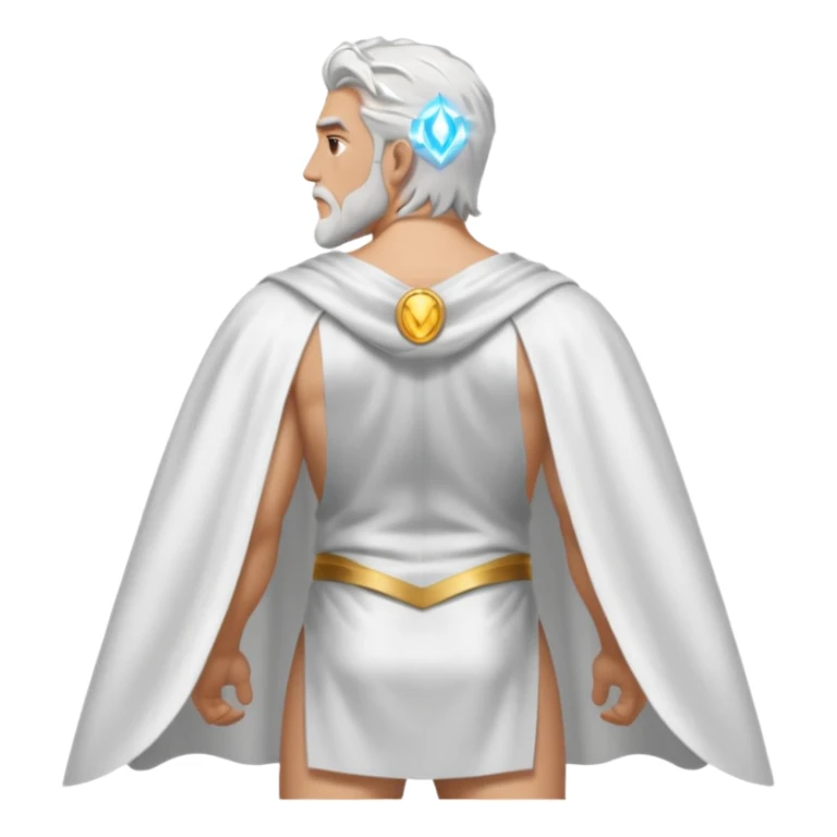 fullbody silverhair shirtless god ZEUS, white back cape, standing still rearview sticker