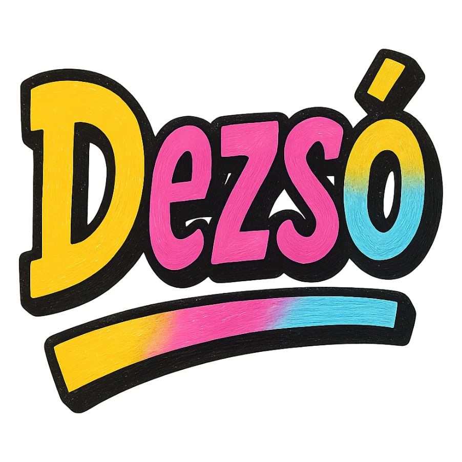 The name 'Dezső' in a modern, colorful gradient font with a dark outline, dynamic, slanted or partial underline, in the style of reference patterns. sticker