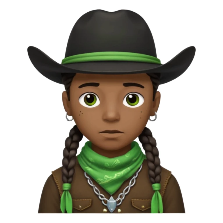 Black boy with three braids near each eye wearing a black cowboy hat with green bandana around his neck sticker