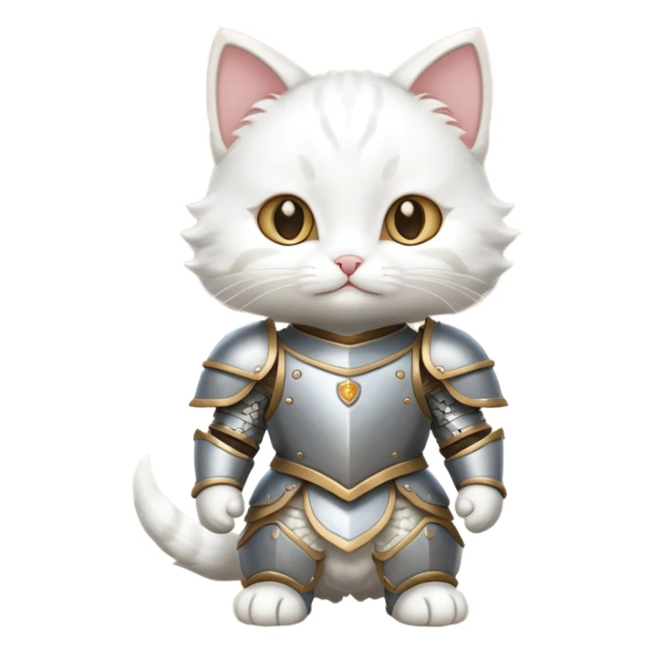 baby white cat in armor, full body, smile sticker