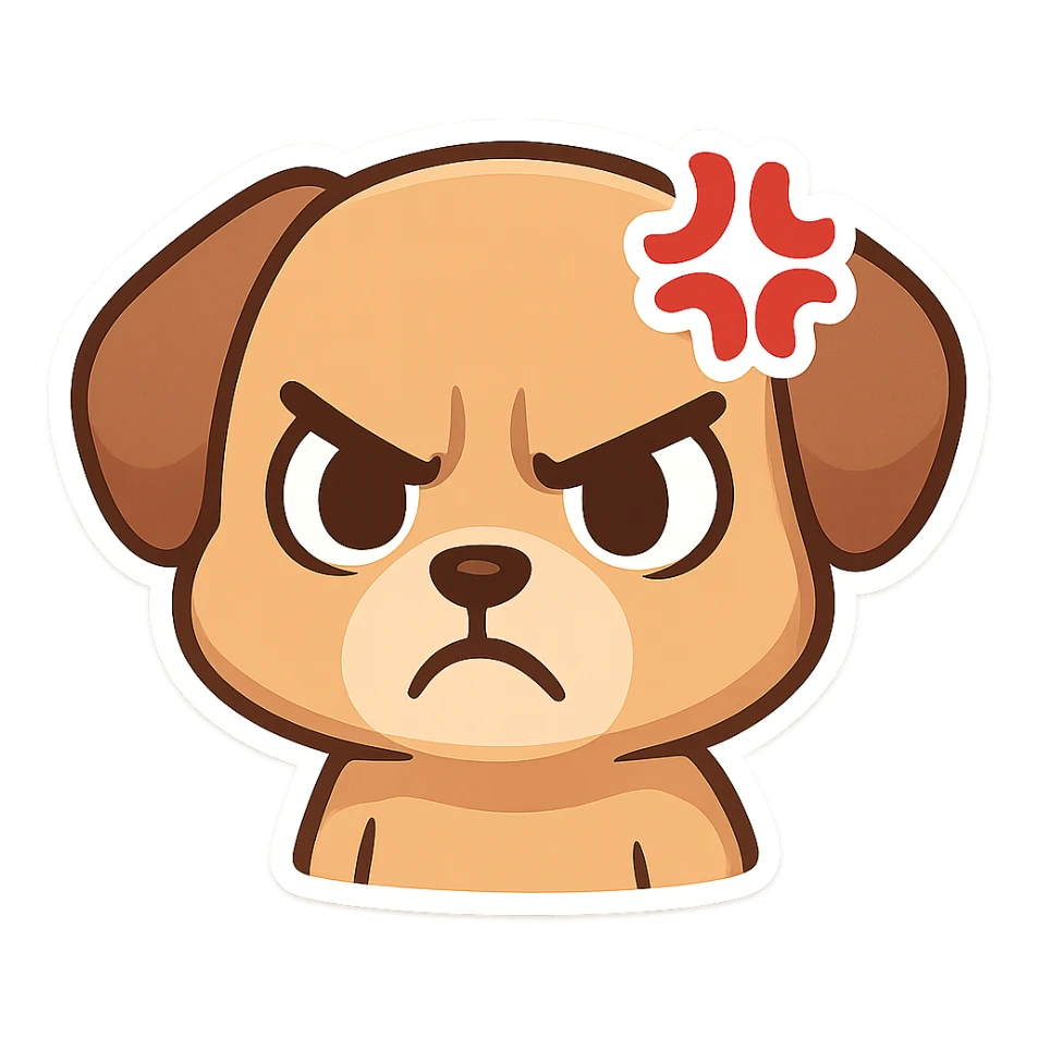 angry cartoon dog emoji, furrowed brows, ideal for Twitch chat sticker