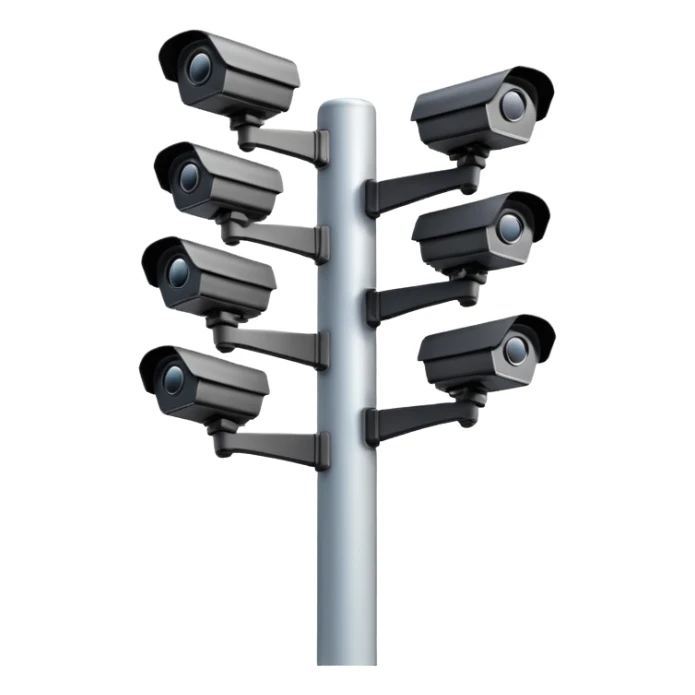 Multiple CCTV cameras on a pole in black facing individual different directions  sticker