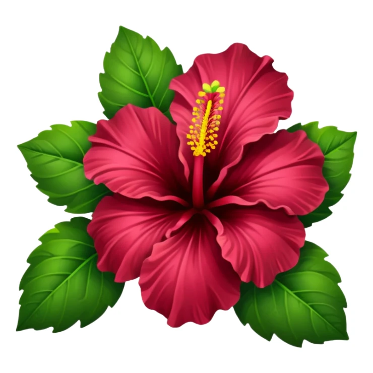 Realistic, detailed, 3D rending, dark burgundy color Hibiscus HIbiscus, with dark and bright green leaves sticker