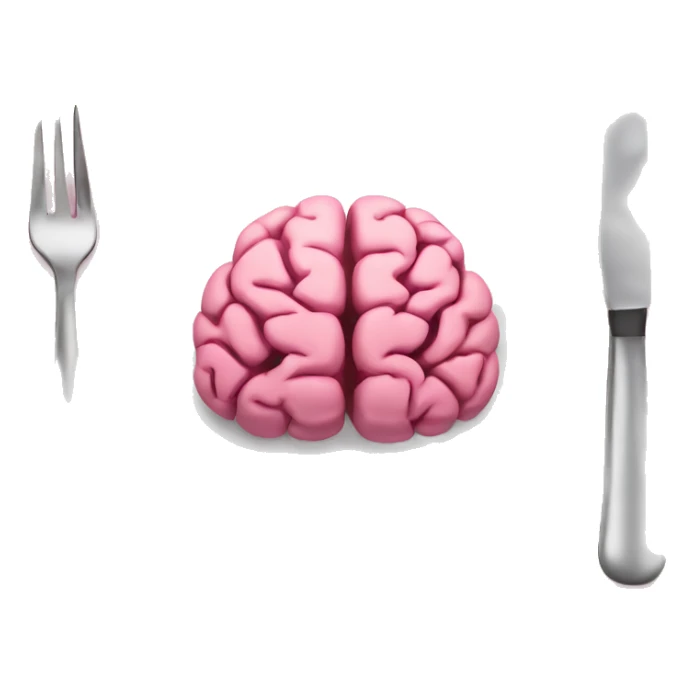 A white food plate with a knife and fork on either side. A pink brain is on the plate sticker