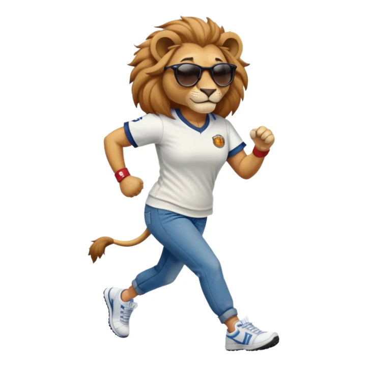 confident anthropomorphised female lion wearing a baseball shirt, jeans, trainers, dark sunglasses, jogging upright, looking self-assured sticker