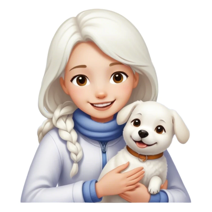 girl smiling with White dog in snow sticker