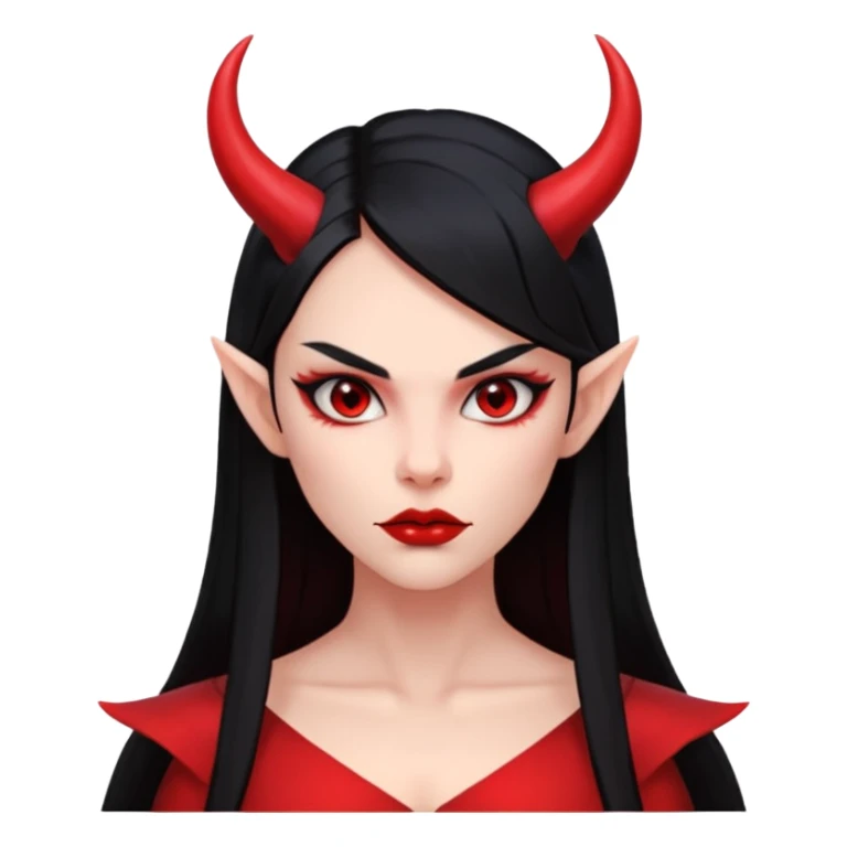Head only demon girl, strong pronounced cheekbones, sharp angular jawline, skin fully pure red everywhere, long straight sleek black hair, small ho sticker