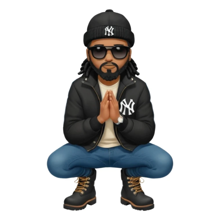 African American man with shoulder length black dreadlocks with black beard wearing black sunglasses wearing a black bubble winter coat wearing a New York Yankees baseball hat wearing denim skinny jeans and timberland boots kneeling in prayer sticker