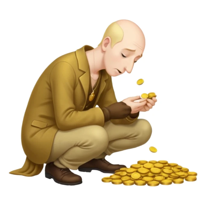 A hunched man with a greedy expression and a long nose counting his coins sticker