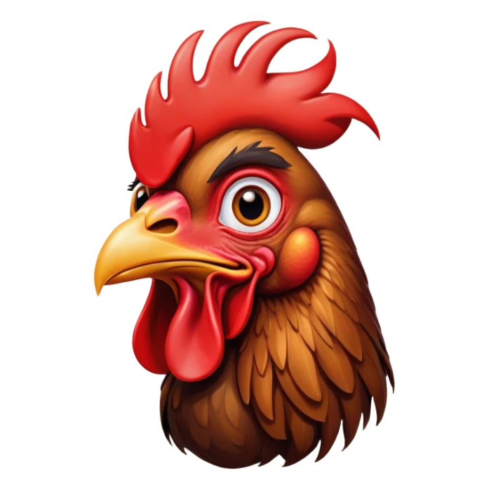 Cinematic Comical Brown Rooster Portrait Emoji, Head tilted dramatically with an exaggeratedly amused expression, featuring a striking, glossy brown plumage with a bold red comb, wide, expressive warm eyes filled with playful disbelief, Simplified yet hilariously expressive features, highly detailed, glowing with a slightly sassy glow, high shine, dramatic yet playful, stylized with an air of cheeky mischief, bright and endearing, soft glowing outline, capturing the essence of a spirited and over-the-top rooster, so meme-worthy it feels like it could crow its way into internet fame instantly! sticker