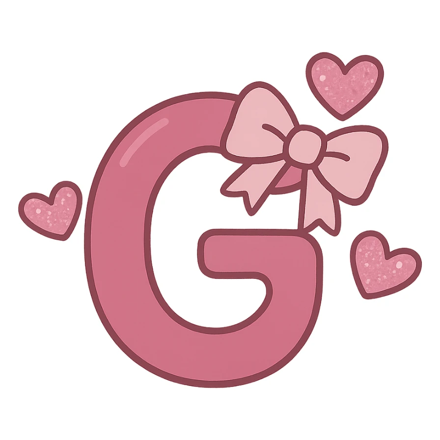 flat-toon style dark pink letter G with a light pink bow and floating glittery pink hearts sticker