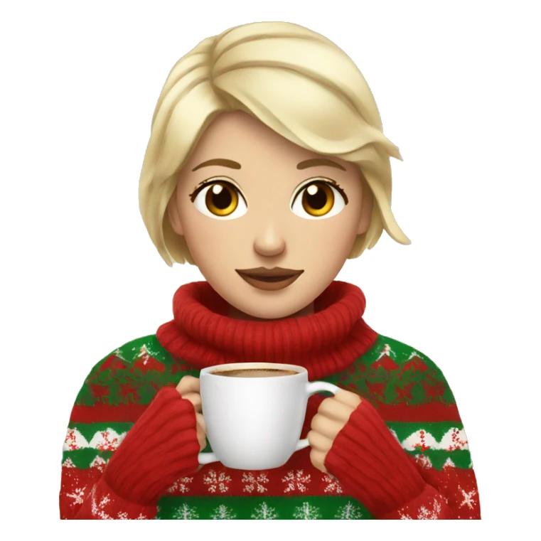 Short haired blonde girl drinking coffee wearing Christmas sweater sticker