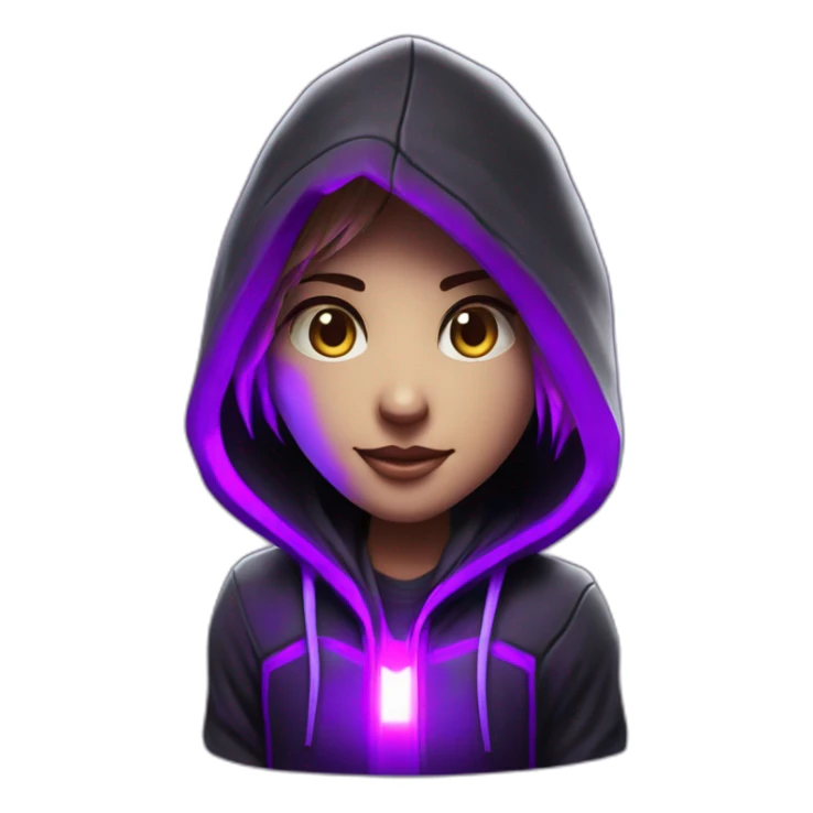 Girl developer behind his laptop with this style : Crytek Crysis Video game neon glowing bright purple character purlple black hooded hacker themed character sticker