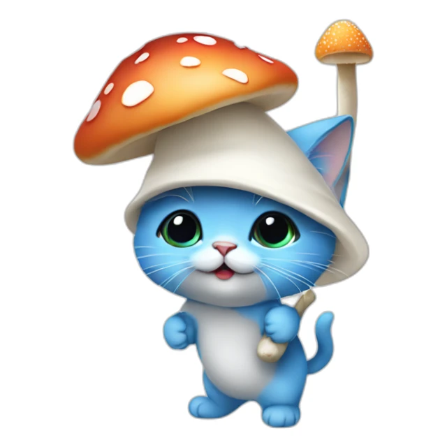 Blue skinned kitten with a white mushroom hat and white pants and carrying a mushroom on a stick on his back sticker