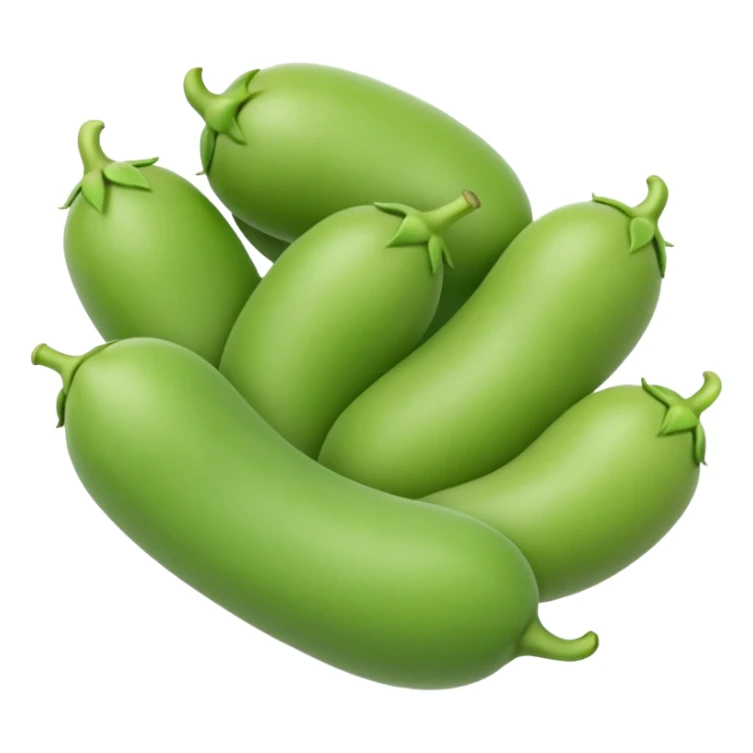 realistic fava beans, two or three, bright green, removed from pod, soft curved, smooth matte, plump, fresh, size and contour variation, optional open pod, no bowl, plate, or faces, clean 3D, soft lighting, transparent background, emoji scale sticker