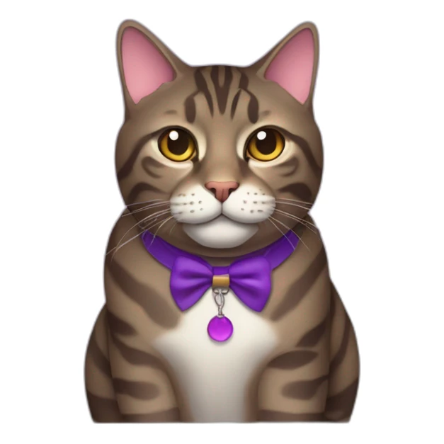 Fat dark brown tabby cat with a purple collar sticker