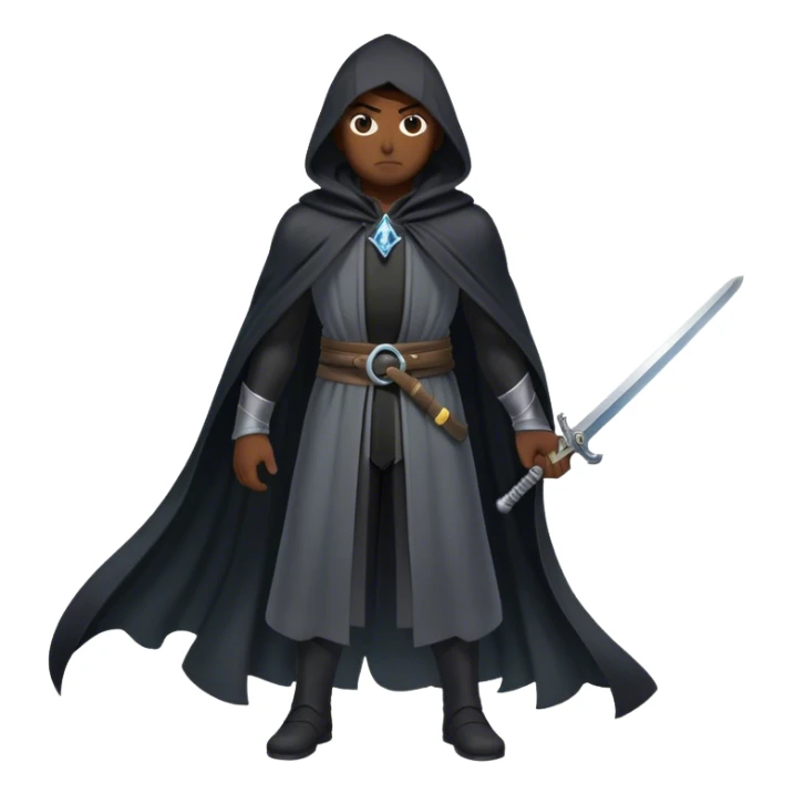A mysterious swordsman in a black cloak, mist swirling around him sticker
