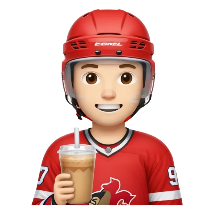 hockey player wearing red drinking an iced coffee wearing a helmet with missing teeth   sticker
