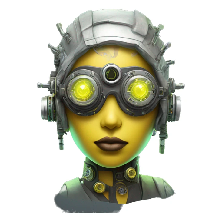 Neon yellow bobbed hair Latina female cyborg head with silver steampunk goggles and circuits sticker