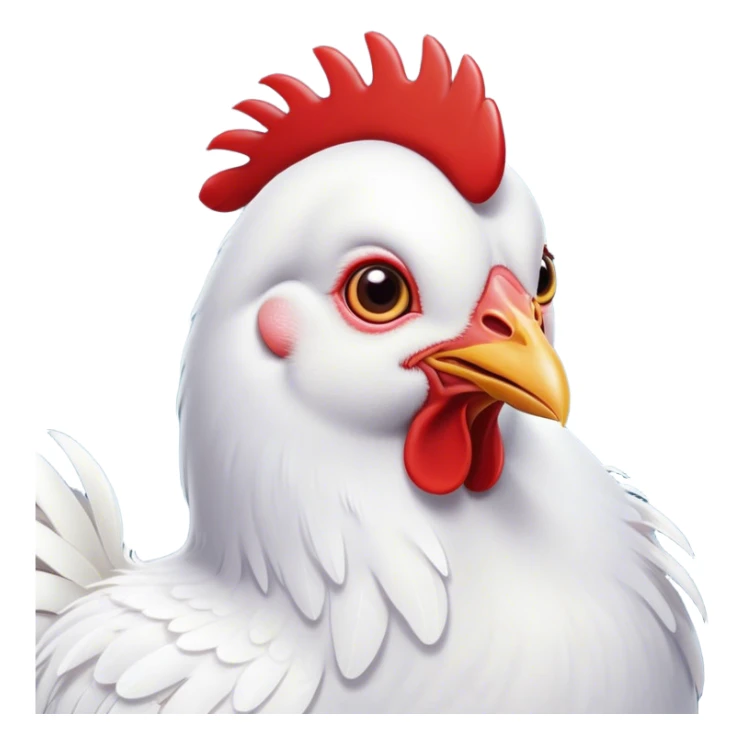 Cinematic Cute White Chicken Portrait Emoji, Head tilted playfully and inquisitively, featuring smooth, immaculate white feathers and a delicate red comb, round, sparkling beady eyes filled with curiosity, Simplified yet irresistibly adorable features, highly detailed, glowing with a warm, friendly glow, high shine, affectionate and lively, stylized with a touch of farmyard whimsy, bright and endearing, soft glowing outline, capturing the essence of a mischievous yet loving chicken, so playful it feels like it could peck out of the screen and into your arms! sticker