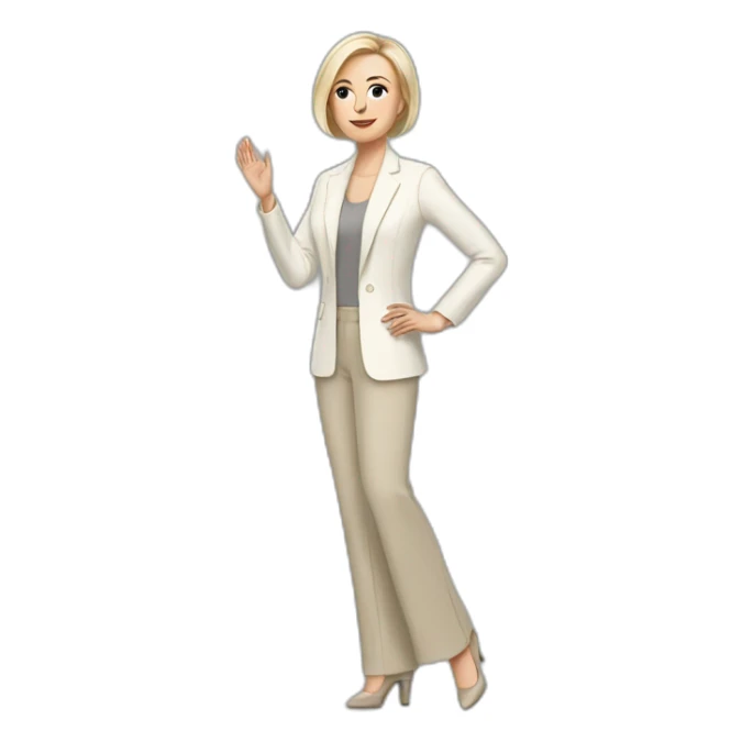 Full height Actively gesturing with hands pale skin woman with ash blonde Straightened bob Hair, White Spacious classical jacket, beige palazzo Arrow pants and gray blouse sticker