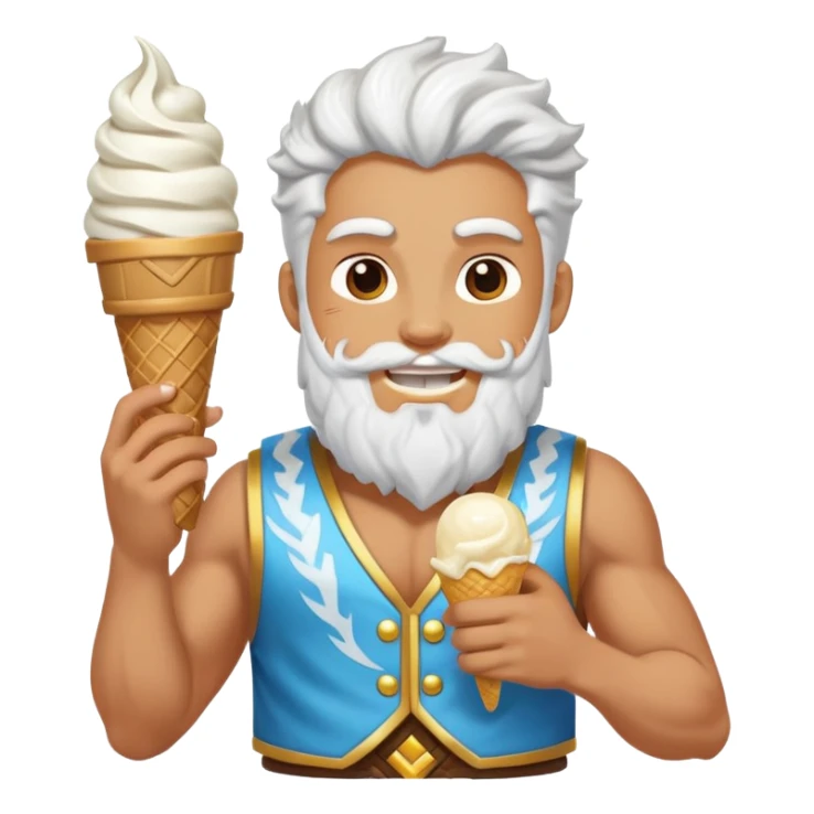 smiling Zeus eating white ice cream holding thunderbolt wearing vest sticker