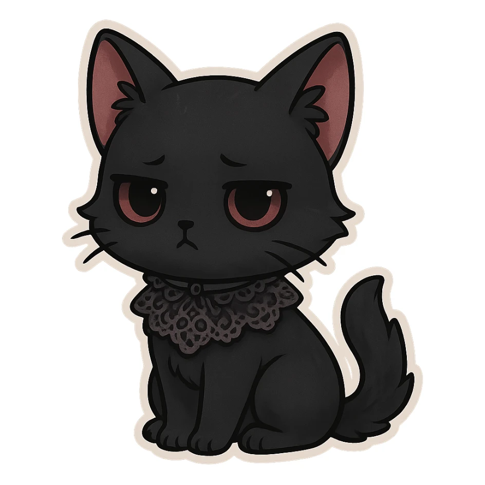 gothic cat with black fur, elegant, subtle lace collar, moody atmosphere, chibi style sticker