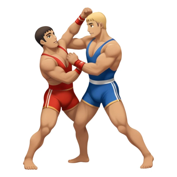 An icon showcasing two wrestlers engaged in a Greco-Roman wrestling match. The athletes are locked in a strong clinch, using their upper bodies to dominate. The background features a wrestling mat and traditional Greco-Roman elements. Transparent background. sticker