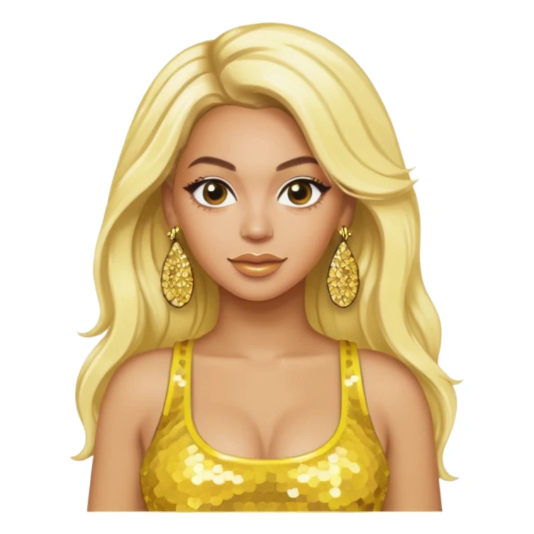 Beyonce with long platinum blonde hair, yellow sequin crop top, yellow earring sticker