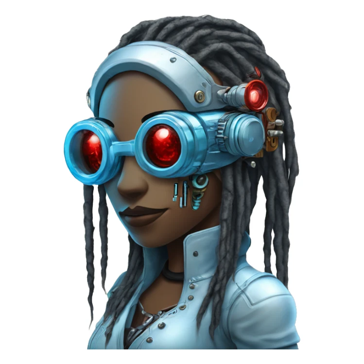 Light blue long dreadlocks female cyborg head with red steampunk goggles and circuits sticker