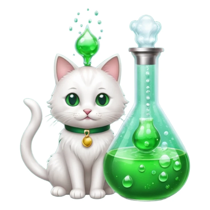 Sleek cat wearing a white coat, paw on a bubbling flask. sticker