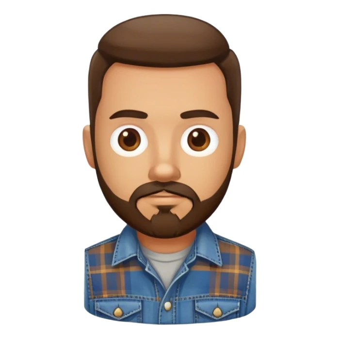 white man with dark brown beard and goatee  standing, wearing jeans and a plaid shirt sticker