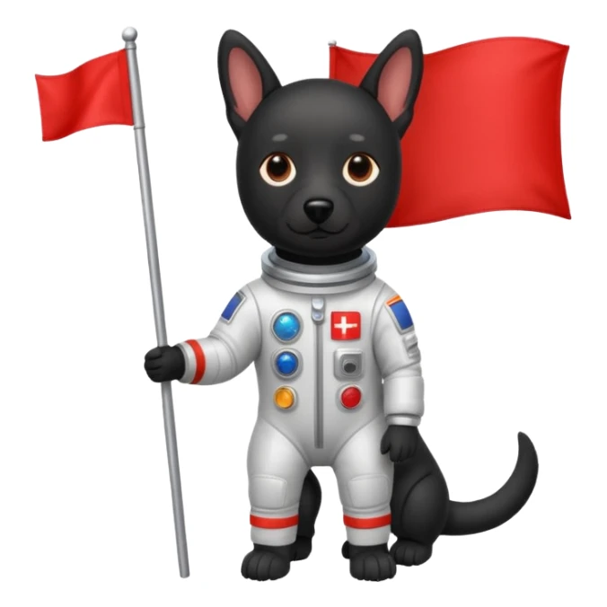 black dog standing in space suit holding red rectangle flag sticker